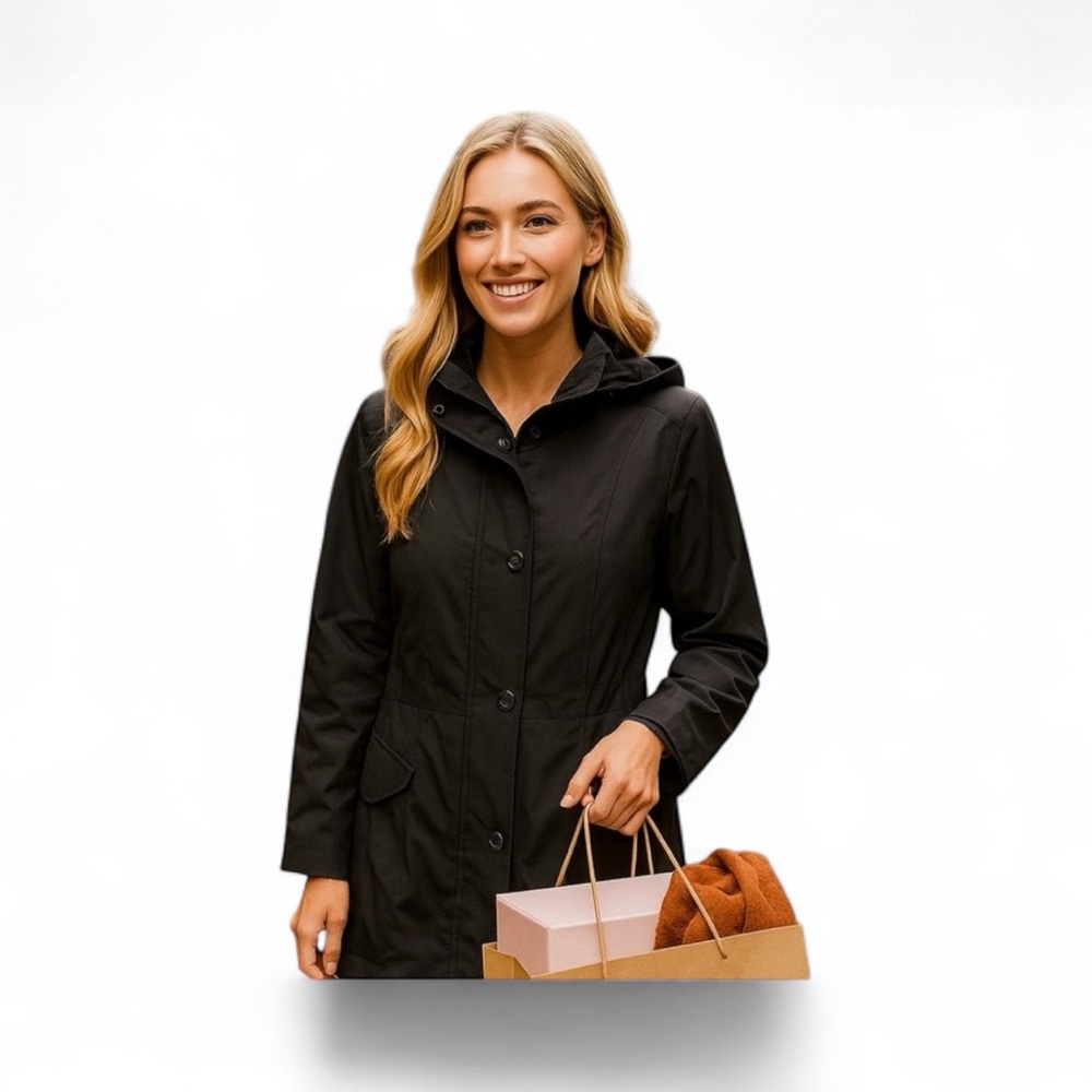 Forcaster of Boston Hooded Black Rain Coat Quilted Lining Cinched Waist M